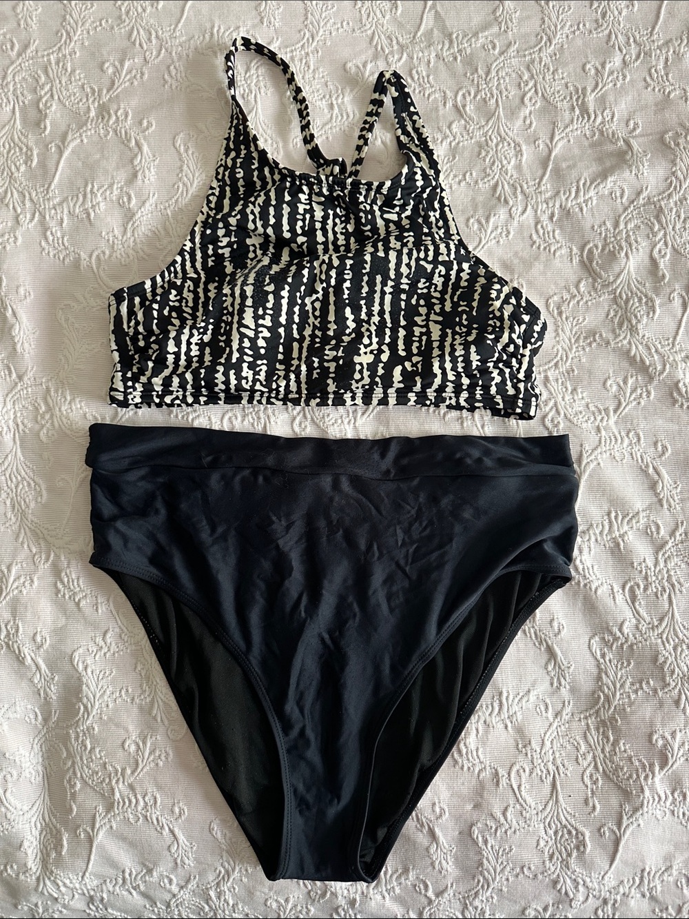 Black & Ivory High-Neck Bikini Set - Women Swim full coverage M